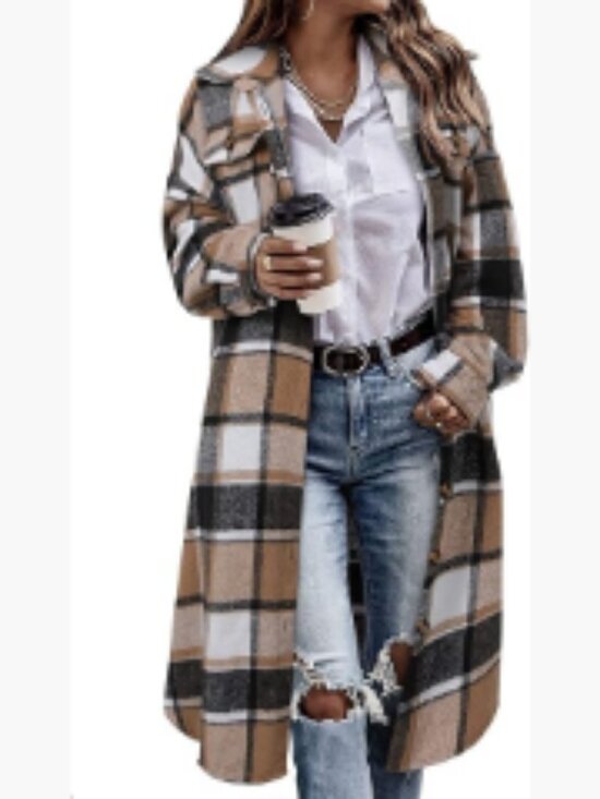 Jackets & Blazers - Polyester Plaid Shacket Jacket Long Corduroy Button Down Trench Coat